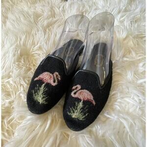 Larkspur Collection Vintage Black Flamingo Needlepoint Mules Slide Shoes Flats S